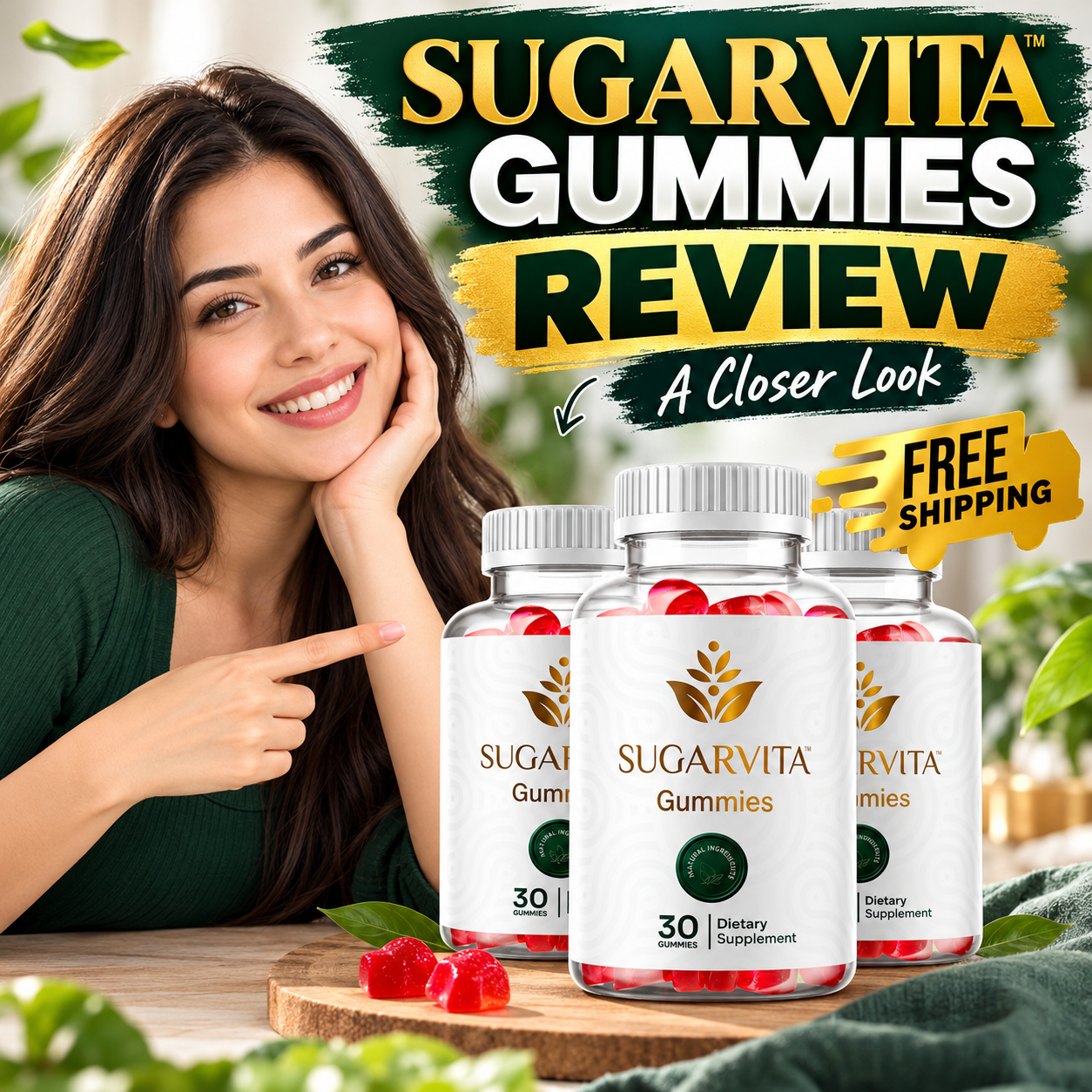 SugarVita Gummies bottles with free shipping banner